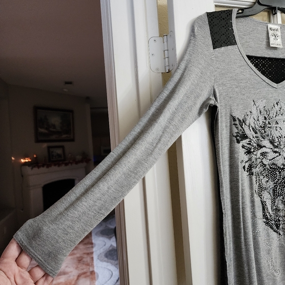 Vocal Gray Women's Rhinestone Bling Skull Floral Long Sleeve Medium Made in USA - Picture 12 of 14